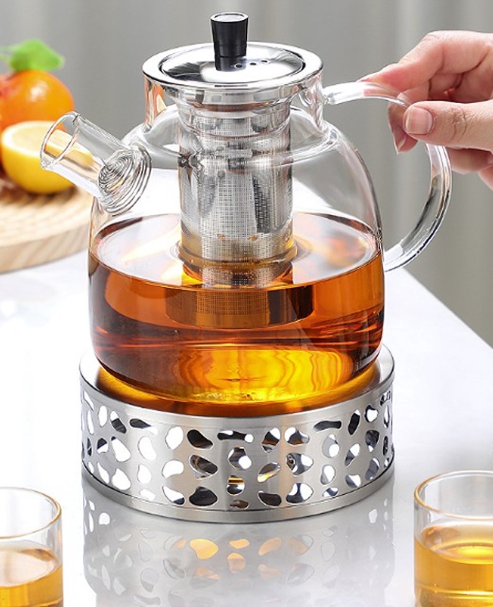 LotaHome - Glazen Theepot met Filter en Theelicht Warmhouder Set - Theepot met Verwarmingselement - Borosilicaat Glas - RVS Zeef - Glazen Theepot voor Losse Thee of Theebloemen - Theepot met Filter en Warmhouder - Met Schoonmaakspons - 1.5 liter