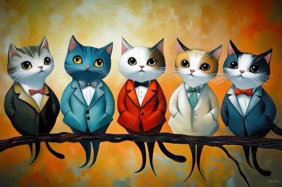 JJ-Art (Toile) 120x80 |Chats drôles en costume sur une branche, coloré, humour, art, rouge, bleu, marron, moderne, chaton, chat | Impression sur toile Photo-Painting (décoration murale)