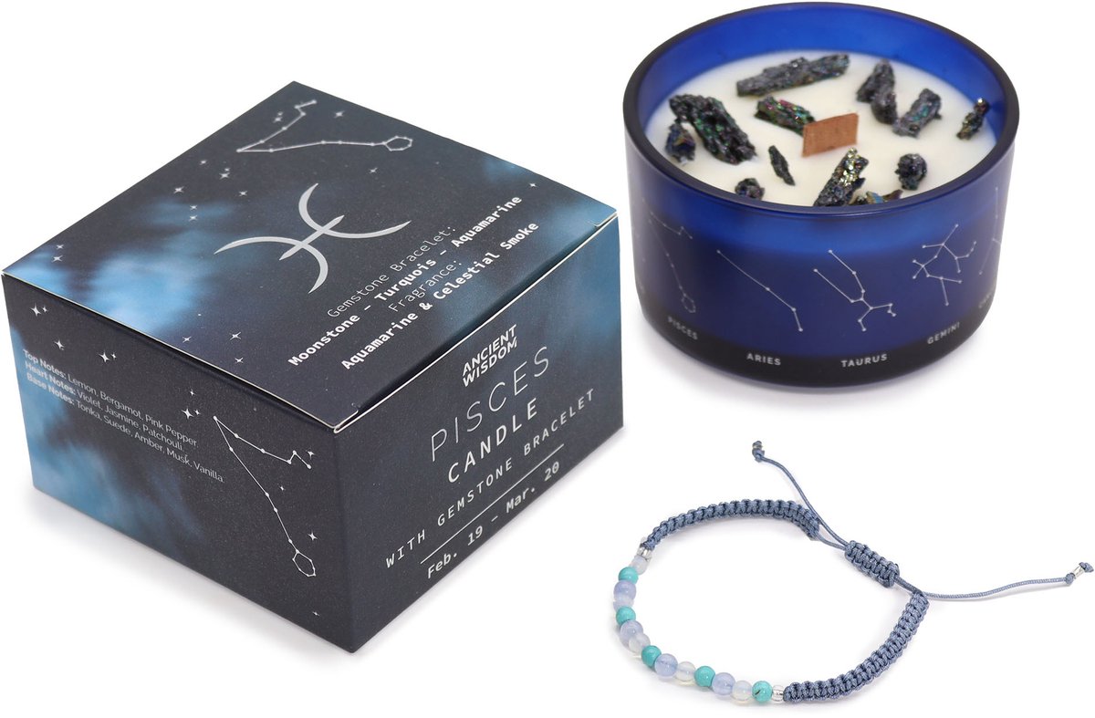 Ancient Wisdom Zodiac kristallen kaars met edelsteen armband - vissen - sterrenbeeld kaars - pisces