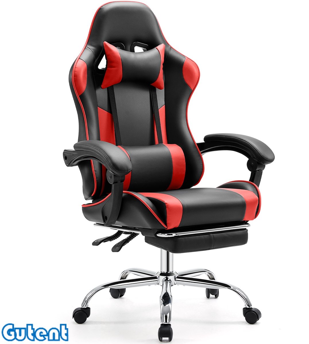 Gutent Gaming stoel-computer stoel-Ergonomisch-met voetensteun en lendensteun-PU lederen relaxfauteuil-met hoofdsteun en vaste armleuningen-Zwart en Roodachtige kleur