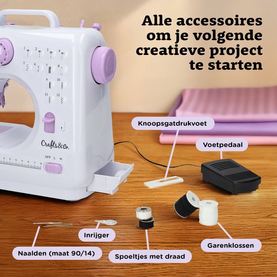 Crafts&Co Naaimachine voor Beginners en Kinderen Set - 12 Naaipatronen - Lichtgewicht - Hobby & Creatief - Kindernaaimachine - Naaiset - Sewing Machine - DIY - Interactief en Educatief Speelgoed - Cadeau voor Meisjes - 8, 9, 10, 11, 12, 13 Jaar - Wit