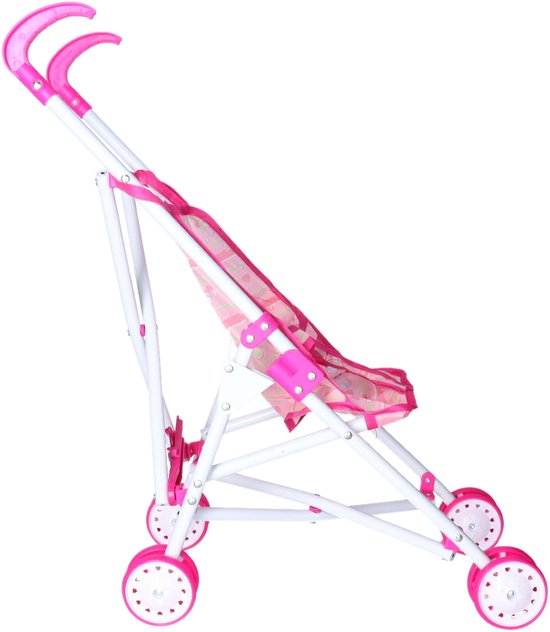 Roze en witte poppenbuggy met wielen en een roze stoeltje met witte en roze patronen.