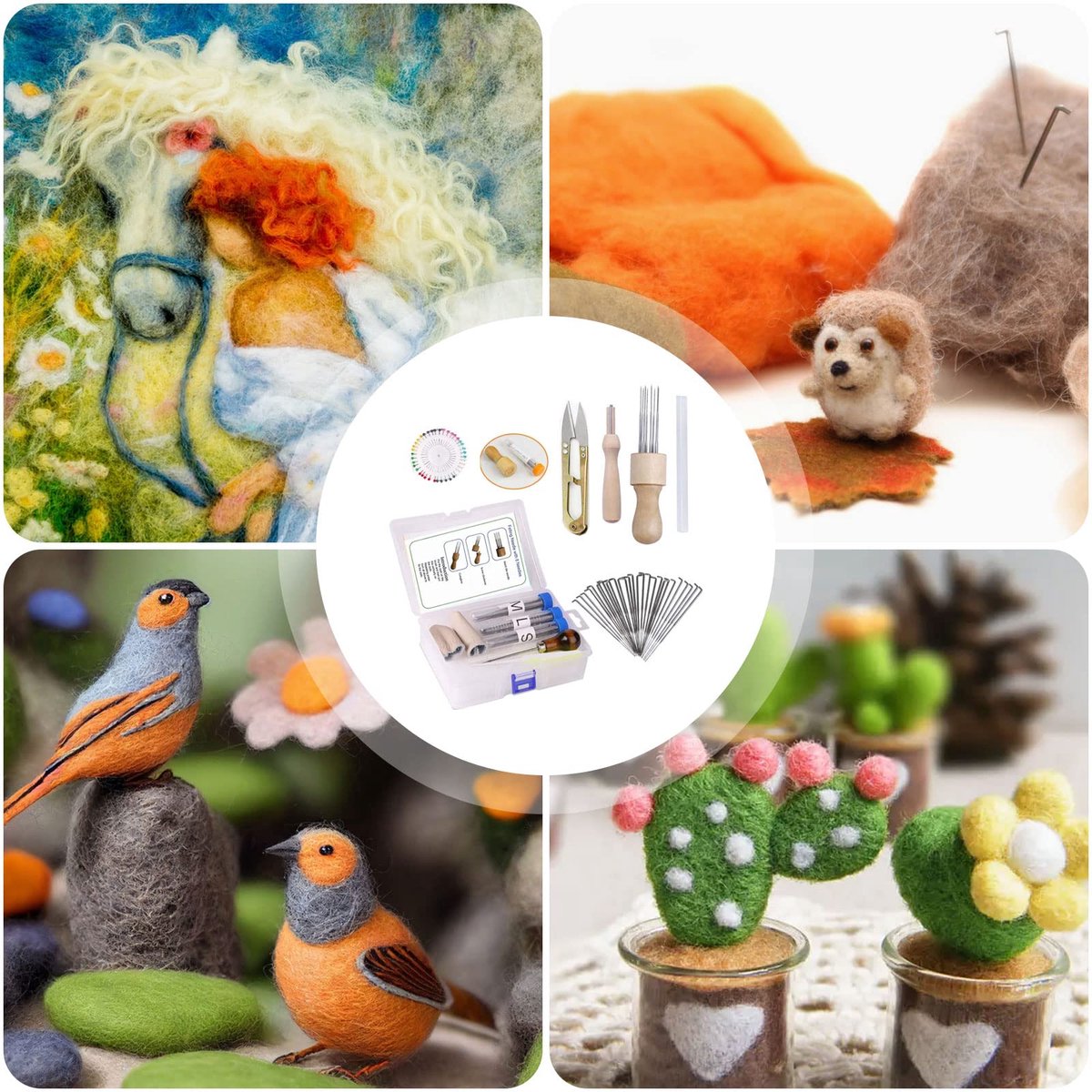YCYUYK Naaldvilt Starter Set, Naald Vilten Benodigdheden voor Beginners, Wol Naald Vilt Set met Wollen Zak, Vilt Naald, Fotolijst, Foam Pad, Vilt Doek en Instructies Kleur