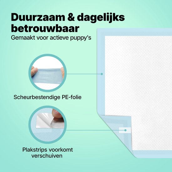 Film PE résistante à la déchirure et bandes adhésives pour éviter le déplacement de ces tapis pour chiots bleus et blancs.