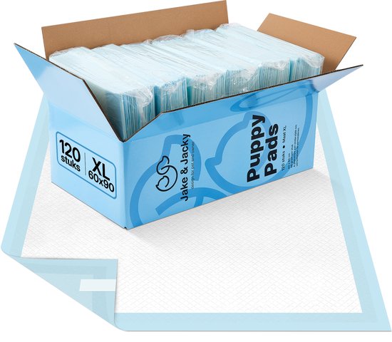 Jake and Jacky 120 Puppy Training Pads 60 x 90 cm - met Plakstrip - Zindelijkheidstraining Hond - Hondentoilet - Plasmatjes hond - Extra Groot
