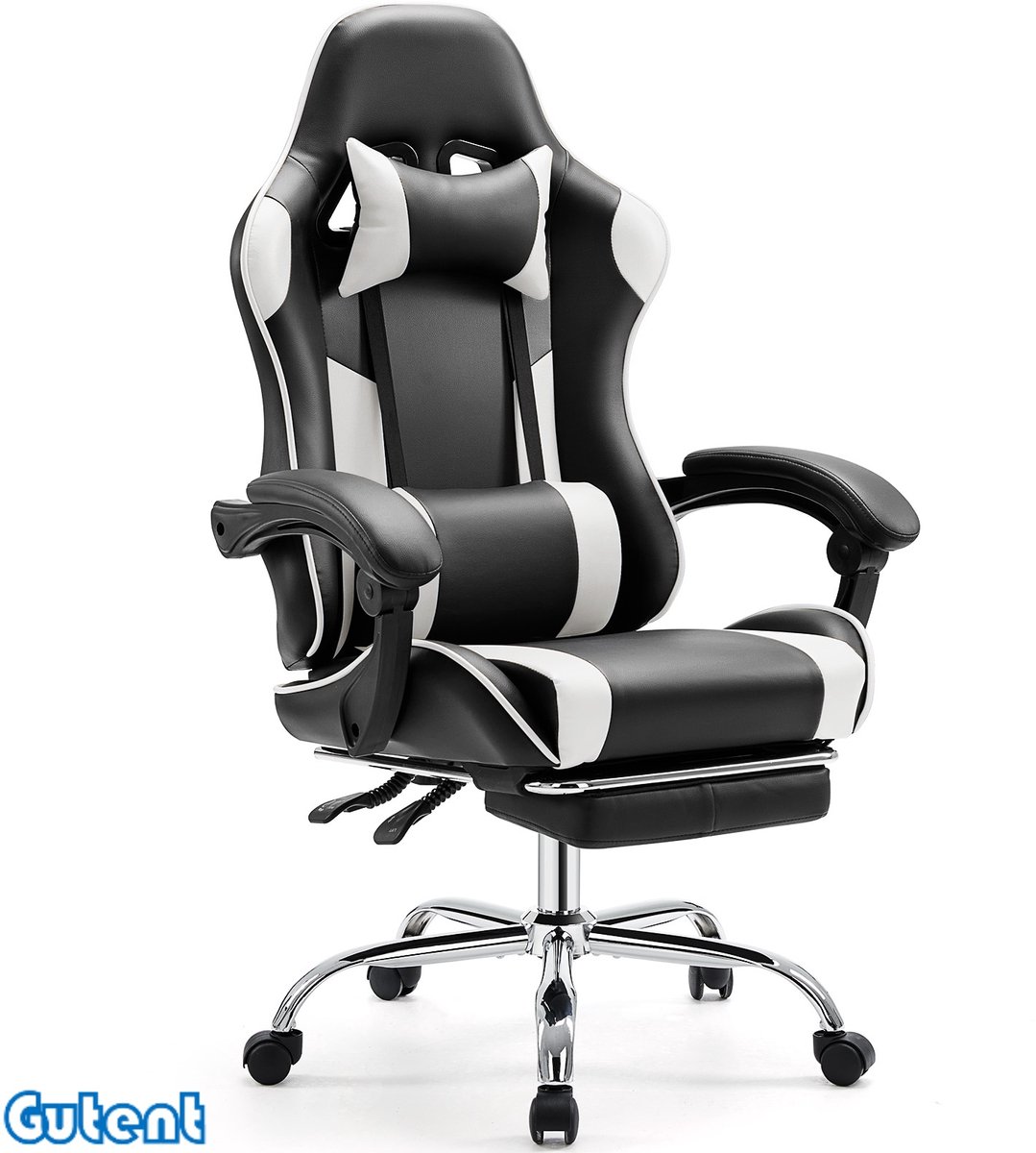 Gutent Gaming stoel-computer stoel-Ergonomisch-met voetensteun en lendensteun-PU lederen relaxfauteuil-met hoofdsteun en vaste armleuningen-Zwart en Wit