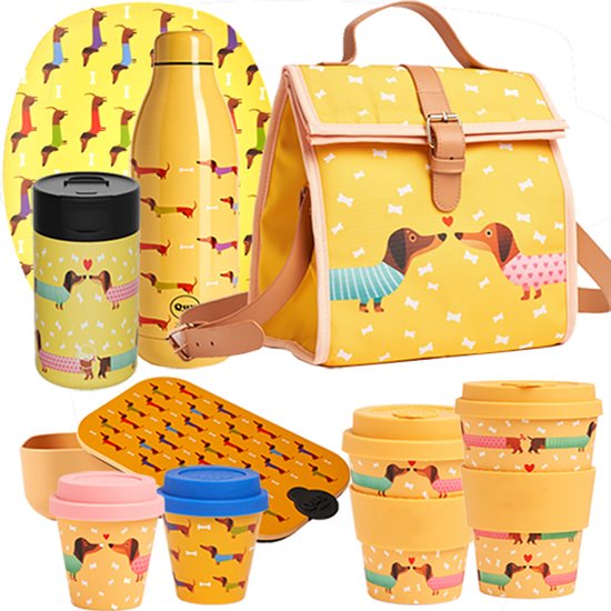 Teckel - lunchtas - koeltas - koelbox - teckelprint - hond - geel - 30x24x16cm van Merkloos — afbeelding 4
