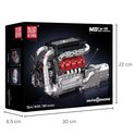 Doos van de Mould King V8 Twin Turbo Speed motor bouwset, met een afbeelding van de motor en afmetingen.