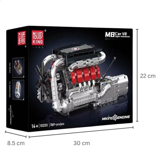 Doos van de Mould King V8 Twin Turbo Speed motor bouwset, met een afbeelding van de motor en afmetingen.