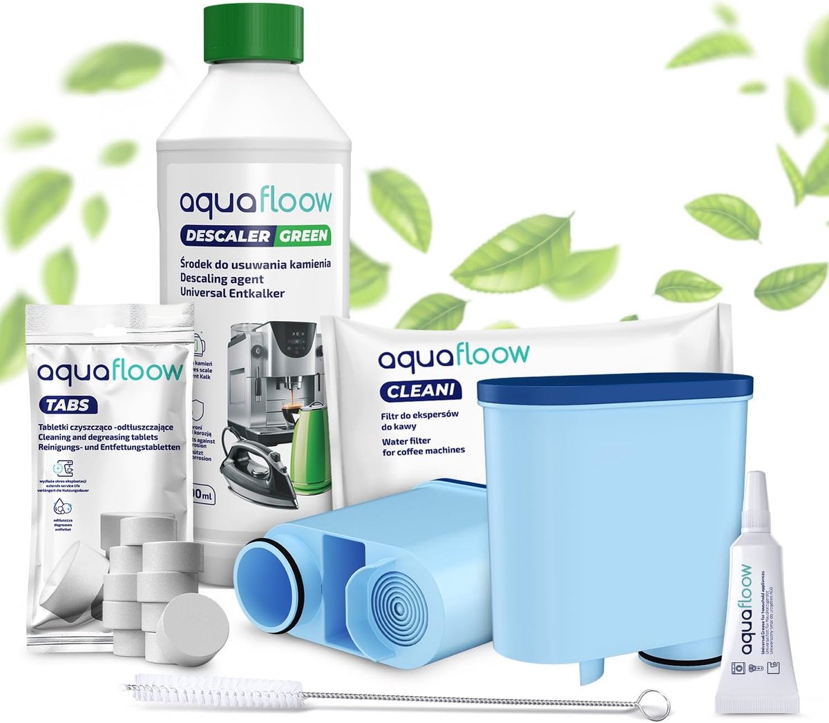 Aquafloow Onderhoudsset voor Koffiemachines, compatibel met Philips Saeco: 2x AquaClean Waterfilter, 10x2g Reinigingstabletten, 500ml Ontkalker, Reinigingsborstel, Smeermiddel
