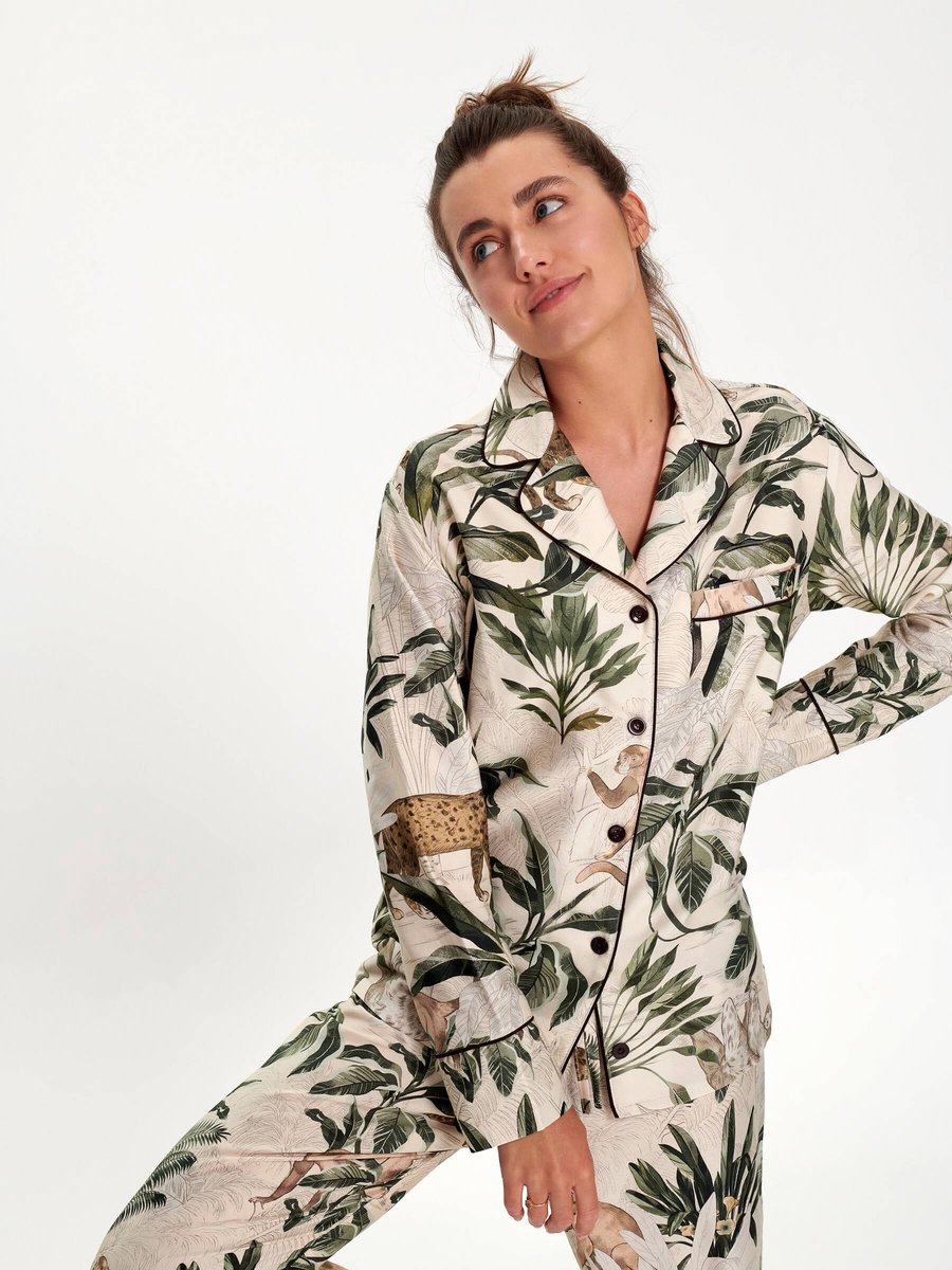 Coemi Jungle pyjama set dames–klassiek shirt& lange broek–handgeschilderde print–100% Katoensatijn– wit/groen
