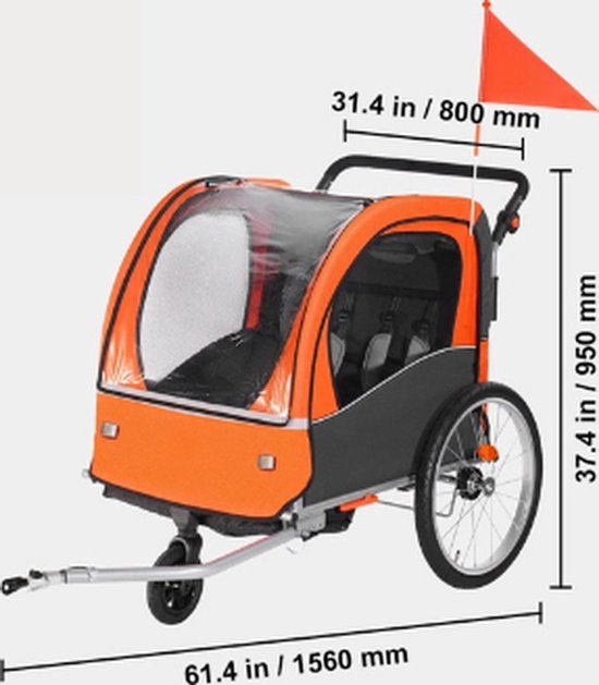 Remorque à vélo Collox - Remorque à vélo - Poussette - pliable - Convient pour 2 enfants - Poids maximum 45 kg - 156 x 80 x 95 cm