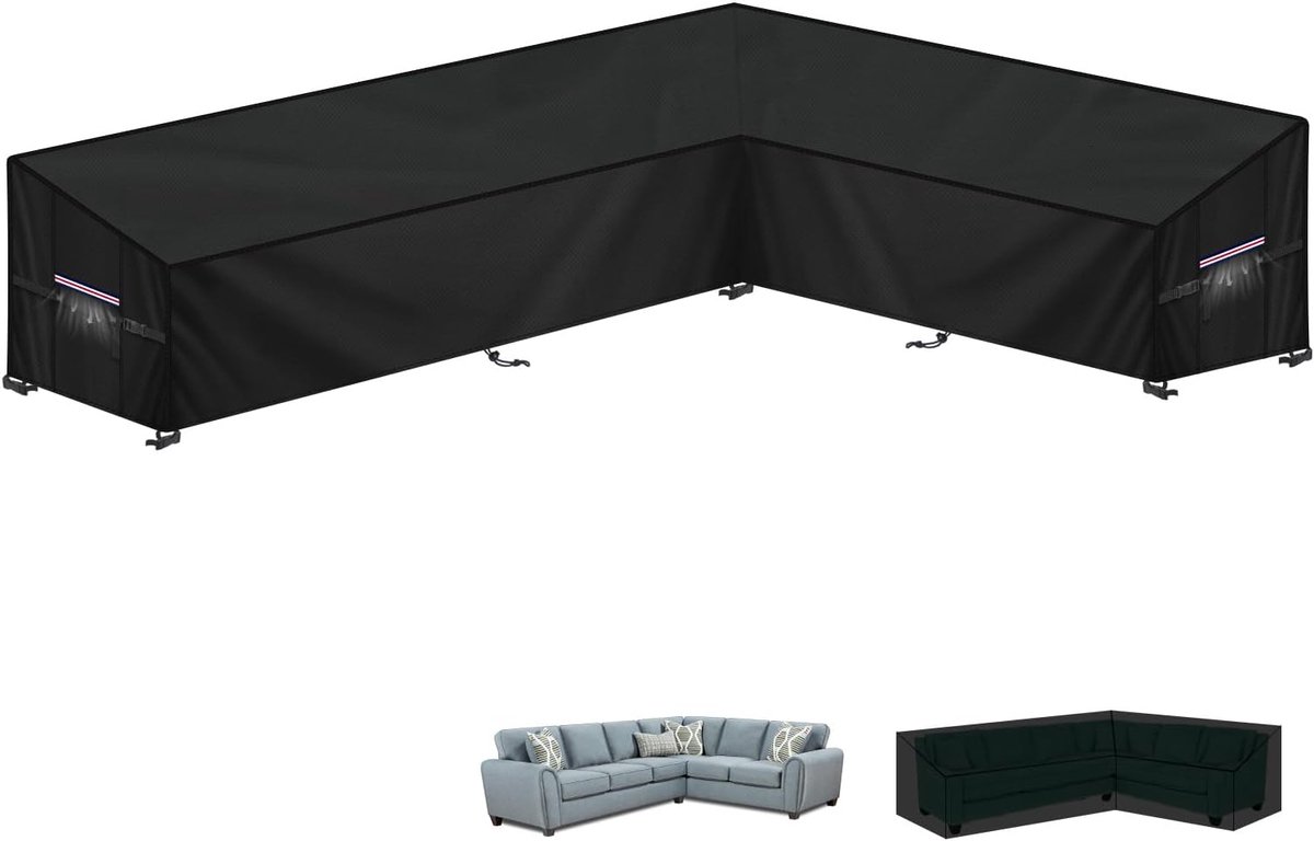 Famanu Tuinmeubelhoes L-Vorm Afdekhoes voor Tuinmeubelen Waterdichte Rotan Hoekbankhoes Buiten Tuinbankhoes Lounge Afdekking Beschermhoes voor Hoekbank met Ventilatieopeningen, 300x210x102x80/60cm zwart