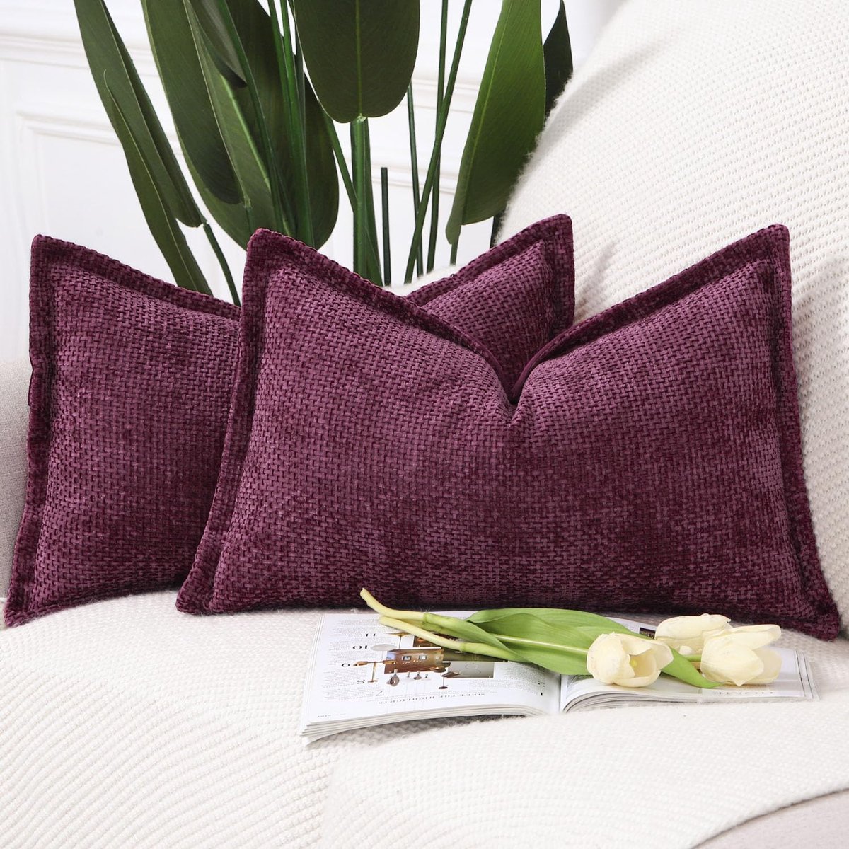 Unyqoos ® Elegante Chenille Fluwelen Kussenhoezen met Stijlvolle Rand voor Luxe Interieurdecoratie Rood