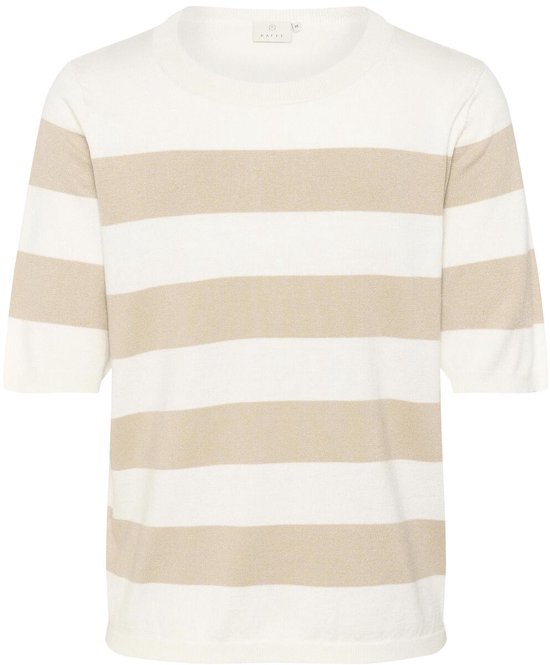Gebreide trui met off-white en beige horizontale strepen.