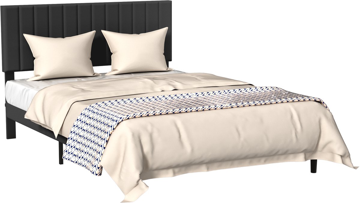 Aufun bedframe – zwart – 140x200 cm – met fluwelen hoofdeinde – knopenlook – houten lattenbodem – tweepersoonsbed – modern design