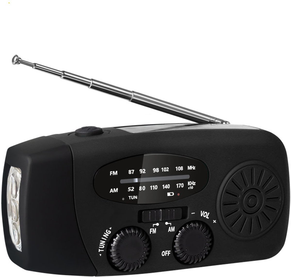 FM/AM/WB - Solar - Zaklamp - Powerbank- mini-noodoverlevingsradio op zonne - Noodradio Op Batterijen -energie - met 3 LED's Superheldere zaklamp 2000mAh batterij - aangedreven powerbank Smartphone-oplader - zwart – foto 2