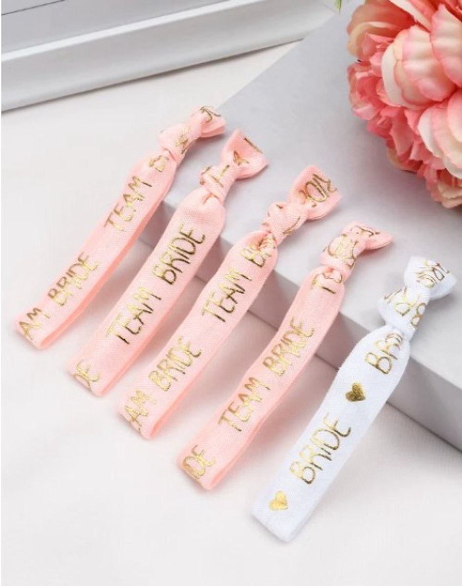 Go Go Gadget - Bachelorette / Elastische Armbanden - Vrijgezellenfeest - Bruiloft - Set van 9 stuks > 8x Team Bride (roze) + 1x Bride Armband (wit)