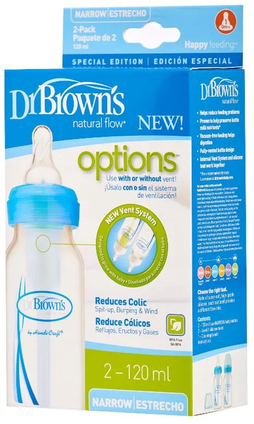 Dr. Brown’s Standaardfles – 120 ml – Blauw – Duopack Options Bottle