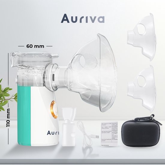 Auriva vernevelaar: 110 mm hoog, 60 mm breed, met masker, mondstuk, USB-kabel en draagtas.