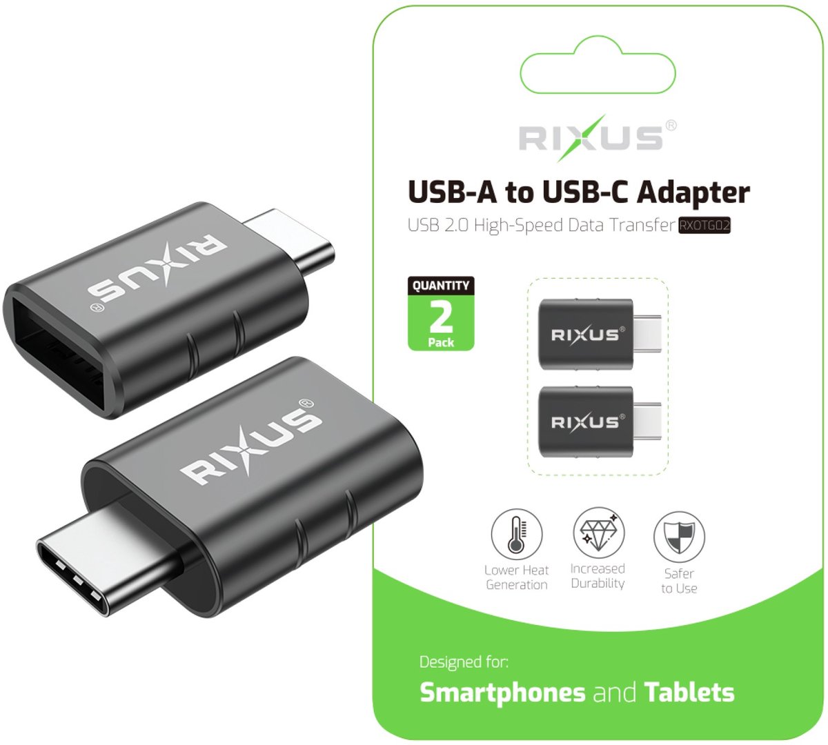 Rixus USB-A To USB-C OTG Adapter Space Gray (2-Pack)