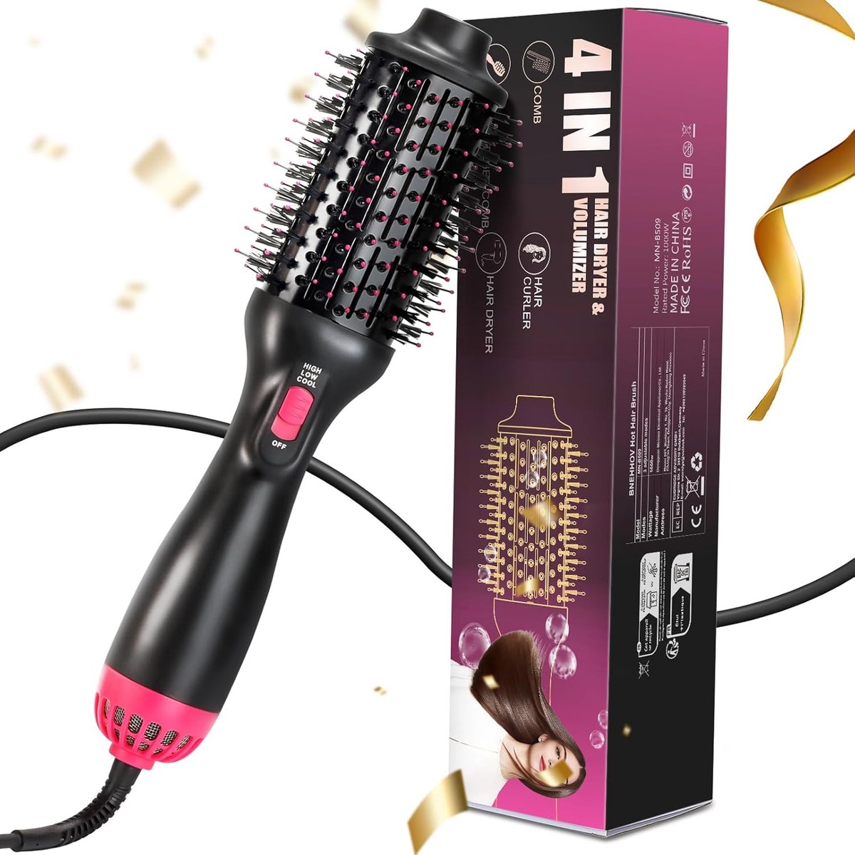 4-in-1 Föhnborstel met 3 Temperatuurinstellingen en 2 Windsterkten – Volumeborstel en Krulborstel voor Glad en Stijlvol Haar