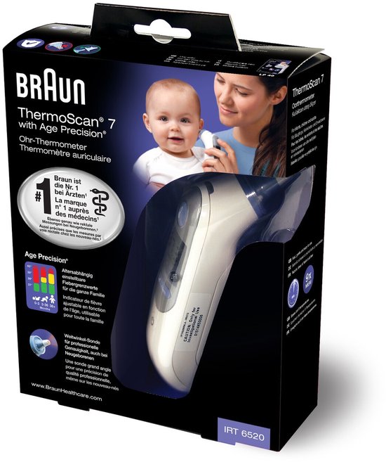 Braun ThermoScan 7 oorthermometer met Age Precision technologie. Doos met afbeelding van baby en vrouw.