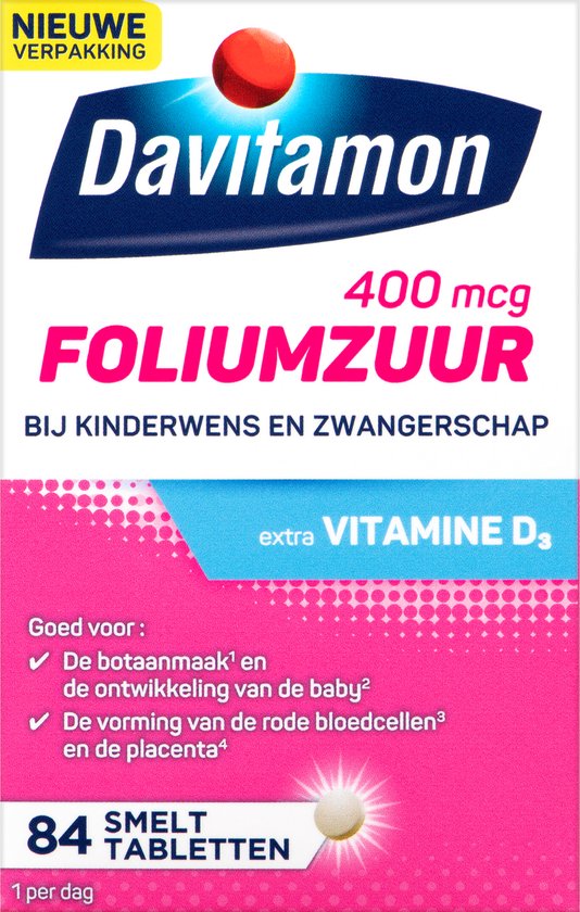Davitamon Foliumzuur, nieuwe verpakking, 400 mcg extra vitamine D3 bij kinderwens en zwangerschap, 84 smelttabletten.