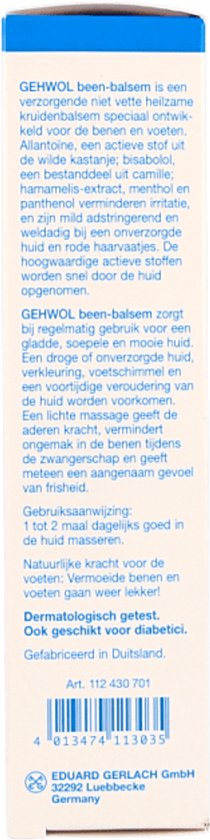 GEHWOL Been-Balsem verpakking met productinformatie, met de nadruk op "Duitsland" en "verkoelend, verzachtend, verzorgend."