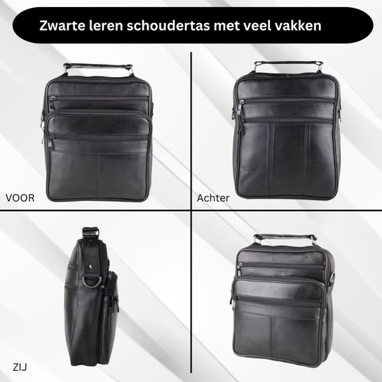 Zwarte leren schoudertas: voor, achter en zijkant. Met meerdere ritsvakken.