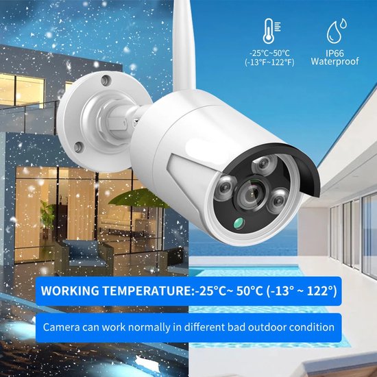 Beveiligingscamerasysteem - 3MP Camera - 10-Kanaals - Openlucht - Buiten - Draadloos - CCTV camerasysteem - IP66 Waterdichte - Bewakingscamera - Beveiligingscamera - 4 Wifi Camera Set - met IR Nachtzicht en 3TB Opslag - Wit — afbeelding 4