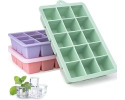 ZYLARO 3-delige siliconen ijsblokjesvorm - ijsblokjesvormen - met deksel - vaatwasmachinebestendige - 3x15 cellen 3 cm grote ijsblokjes - voor bier, cocktails, whisky, koude dranken, ijs, babysnacks - groen/paars/roze