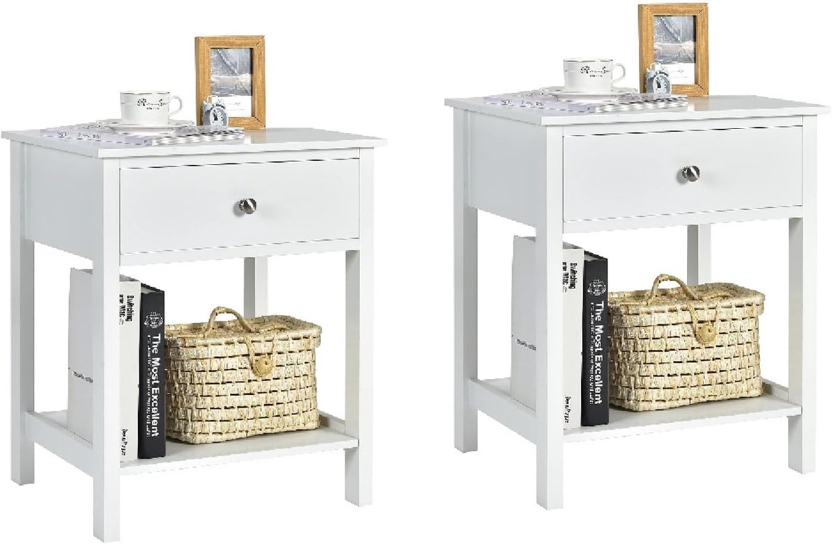 Costway Nachtkastje met lade, bijzettafel, 2 niveaus, hout, nachtkastje, halcommode, haltafel, telefoontafel voor woonkamer, slaapkamer, 48 x 40 x 58 cm (2, wit)