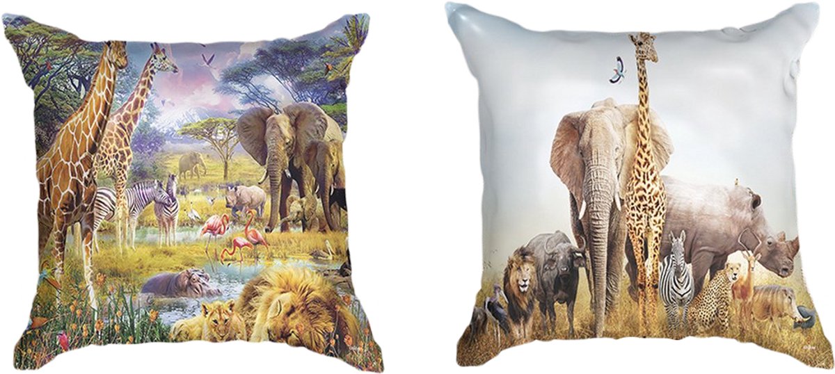 Ulticool - Kussenhoes - Safari Dieren Natuur Giraffe Olifant - Set van 2 Kussens Exclusief Kussenvulling - Sierkussens 45x45 cm - Sierkussenhoes Accessoires - Kussentjes Bank Kaki Beige - Decoratie Versiering