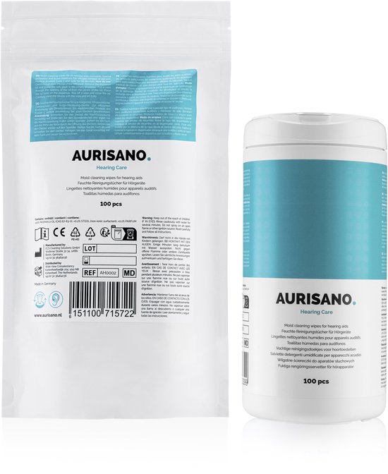 AURISANO Reinigingsdoekjes Gehoorapparaten – 200 stuks – Dispenser met 100 stuks plus Navulling met 100 stuks – Verwijdert Vuil en Oorsmeer – 100% Biologisch Afbreekbare Vochtige Doekjes - Gecertificeerd voor Hoortoestellen