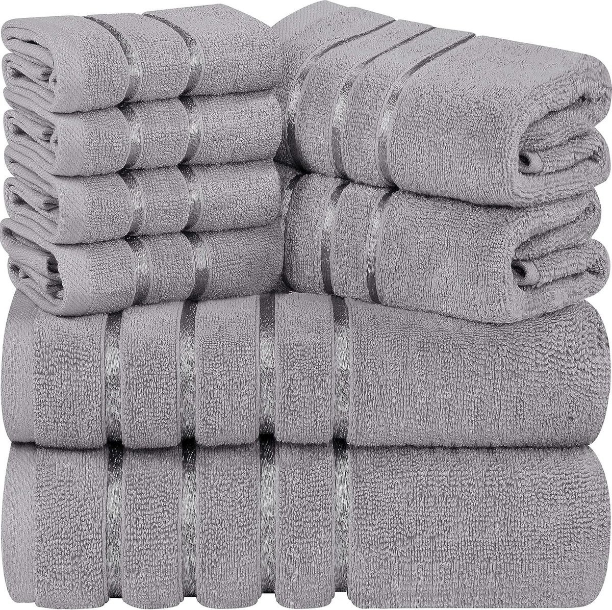 Famanu - 8-delige luxe handdoekenset, 2 badhanddoeken, 2 handdoeken en 4 washandjes, 97% ringgesponnen katoen zeer absorberend viscose streep handdoeken ideaal voor dagelijks gebruik (Koel Grijs)