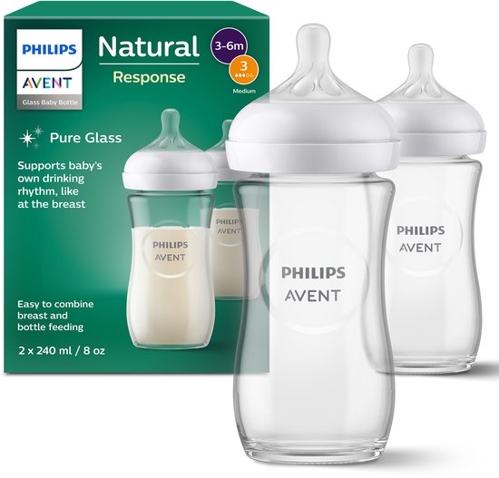 Philips Avent Natural Response Glazen Babyflessen 240 ml – Flow 3- 2 flessen - SCY933/02