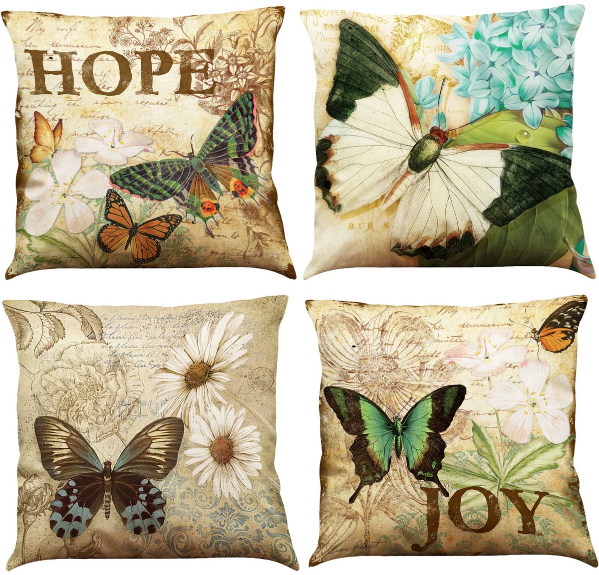 Ibenzoa Kleurrijke Set van 4 Sierkussenhoezen met Vlinderdesign voor Binnen en Buiten, 45 x 45 cm Beige