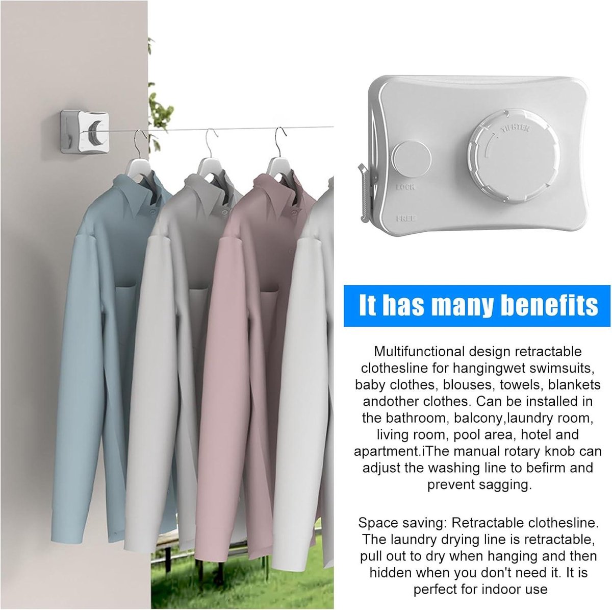 Corde à Linge Rétractable Double - En Acier Inoxydable, Longueur 5.2 M - Pour Intérieur/Extérieur - Installation Adhésive Ou Percée