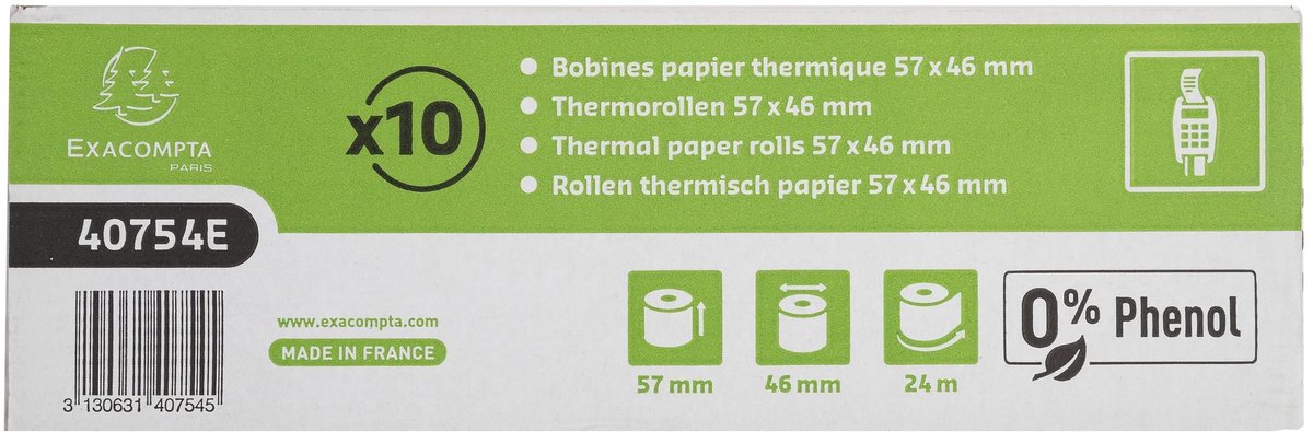 Exacompta 30x Rol voor ticket bankkaart 57x46 cm x 18m - 1 laag thermisch papier 55g/m2 - zonder Phenol - Wit - 40754E