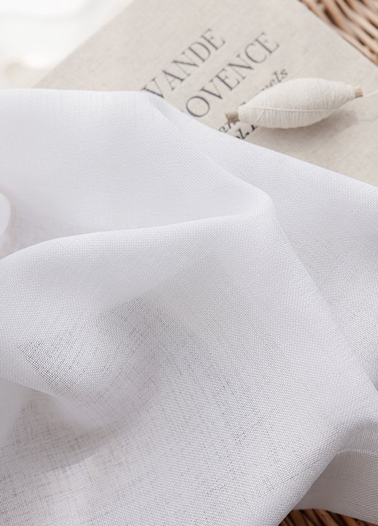 Maroyathome - OLIVIA - Rideau voilage avec ruban plissé - prêt à poser avec crochets - Wit brillant - Aspect lin - 300 x 260 cm - 300 cm de large et 260 cm de haut/long - avec câble de suspension