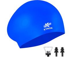 Kyrox Siliconen Badmuts - Unisex - Inclusief Zwem Oordopjes & Neusklem - Badmutsen voor Dames & Heren - Waterdicht en Elastisch - Swimming Cap - Blauw