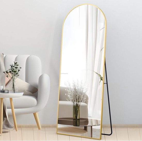 Elemango 162x53cm Bogen Ganzkörperspiegel, Groß Bodenspiegel, Rahmen aus schwarzer Aluminiumlegierung, Gewölbter Vollspiegel stehend hängend oder lehnend, Ankleidespiegel für Schlafzimmer Wohnzimmer