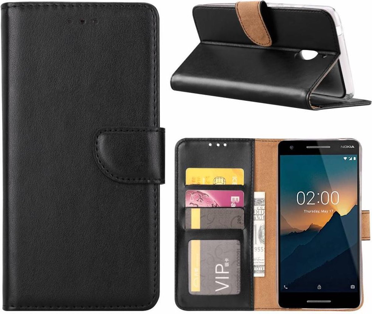 Nokia 2.1 Booktype Kunstleer Hoesje Met Pasjesruimte Zwart