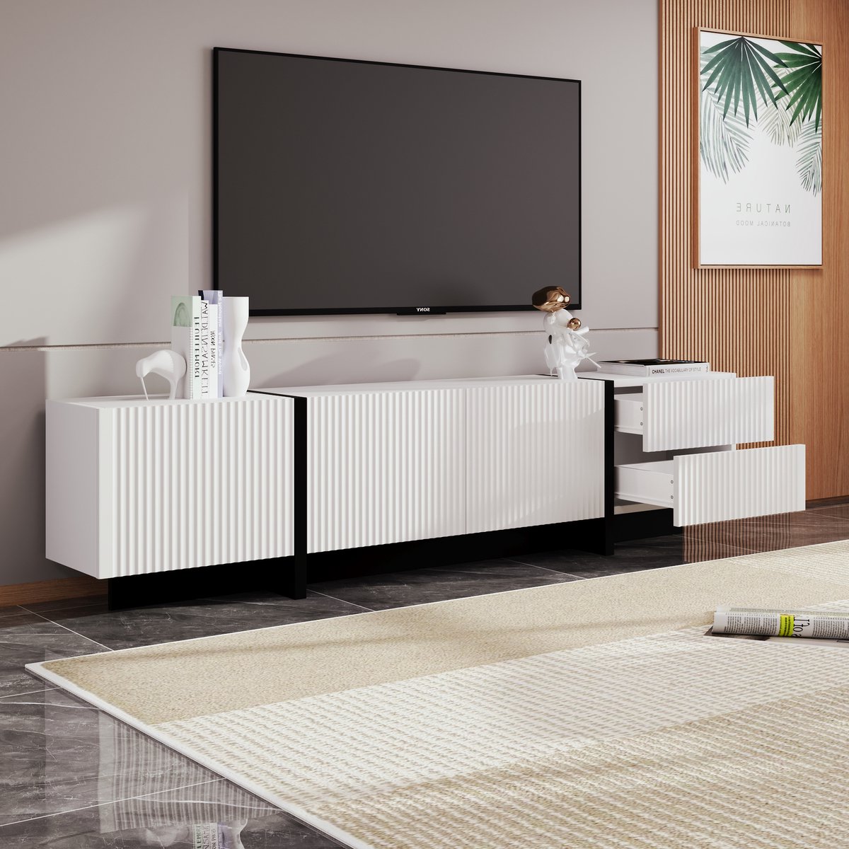 Merax Tv-meubel 190 x 35 x 45 cm met 3 deuren - 2 lades - wit en zwart
