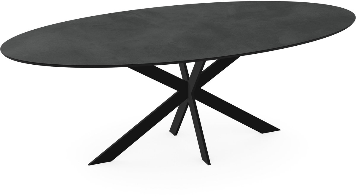 Melamine eettafel betonlook donker – ovaal zwart onderstel - beton tafel 160 x 80 cm
