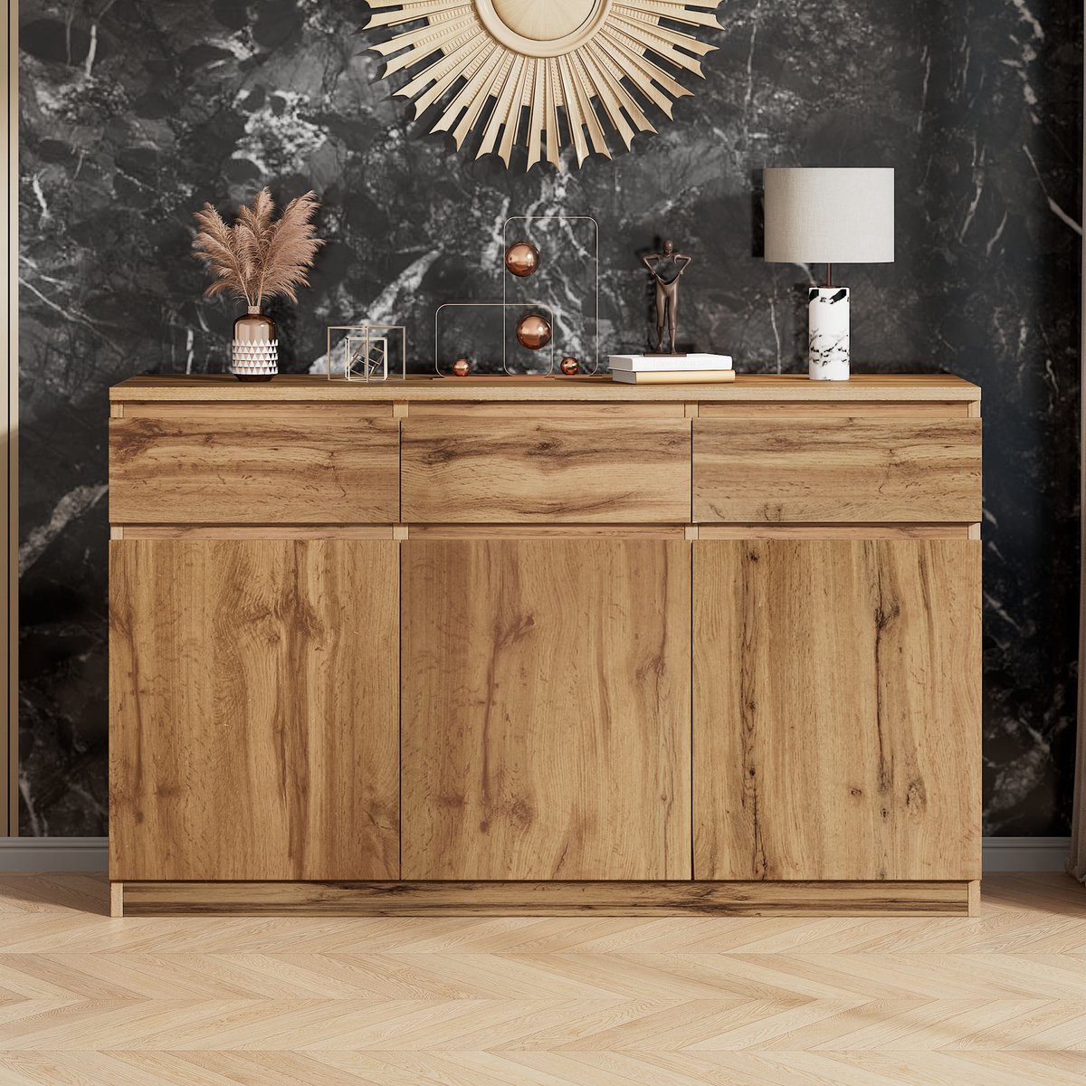 Sweiko Dressoir - Originele houtlook - 3 deuren + 3 laden - 135*40*81 cm - Natuurlijk