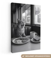 Canvas schilderij 40x60 cm - Exclusieve wanddecoratie Kat - Koffie - Brood - Zwart - Muurdecoratie woonkamer - Slaapkamer decoratie - Kamer accessoires - Schilderijen op canvas