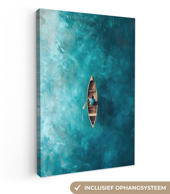 Canvas schilderij 60x90 cm - Exclusieve wanddecoratie Bootje - Water - Blauw - Muurdecoratie woonkamer - Slaapkamer decoratie - Kamer accessoires - Schilderijen op canvas