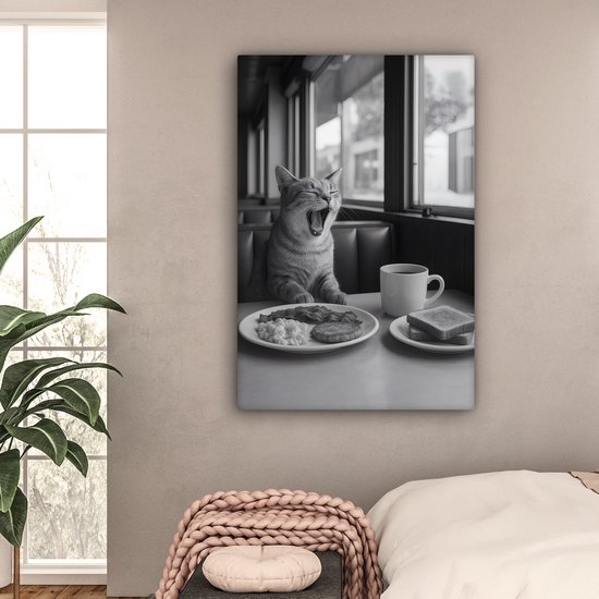 Canvas schilderij 80x120 cm - Exclusieve wanddecoratie Kat - Koffie - Brood - Zwart - Muurdecoratie woonkamer - Slaapkamer decoratie - Kamer accessoires - Schilderijen op canvas